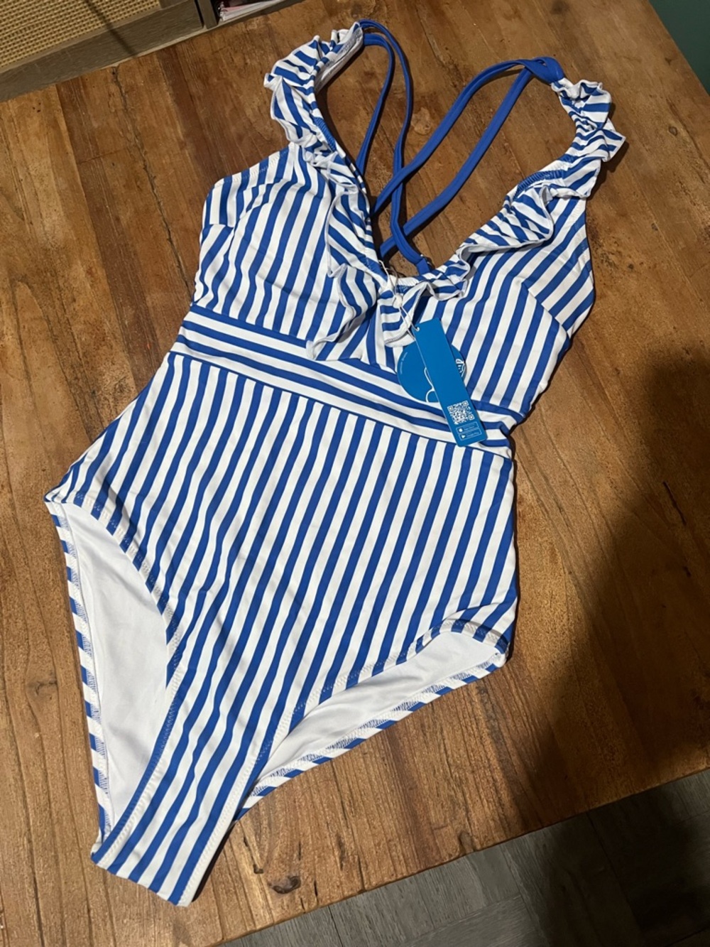 Cupshe Blue and White Striped Ruffle One-Piece Swimsuit for women’s
